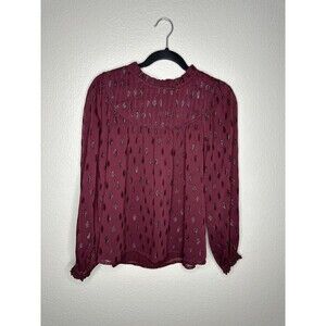 LOFT Blouse Womens XS Metallic Dot Ruffle Mock Neck Long Sleeve Top Shirt